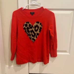 J. Crew Red Cashmere Crewneck Sweater, Leopard Heart (Fitted, Small)